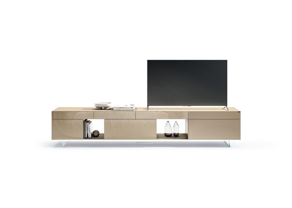 Lago 36e8 modular TV unit in lacquered glass with open shelf